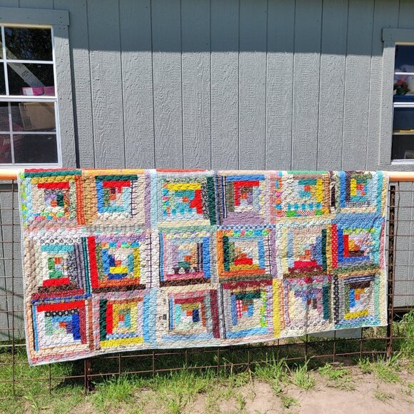 Antique Log Cabin Quilt Clean Rainbow Vibrant - Picture 1 of 8